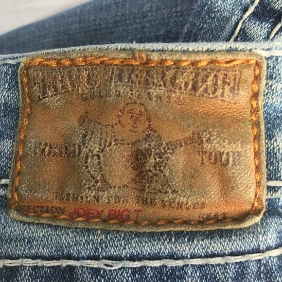 True Religion VTG Joey Big T twisted flare denim jeans womens 28 white stitching - Picture 13 of 14